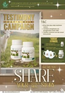 Flyer Goat's Milk Testimony Campaign 2026 dengan hadiah Goat's Milk 200 Tablet dan Teko Cantik untuk peserta testimoni foto dan video