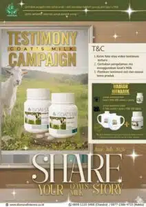 Flyer Goat's Milk Testimony Campaign 2026 dengan hadiah Goat's Milk 200 Tablet dan Teko Cantik untuk peserta testimoni foto dan video