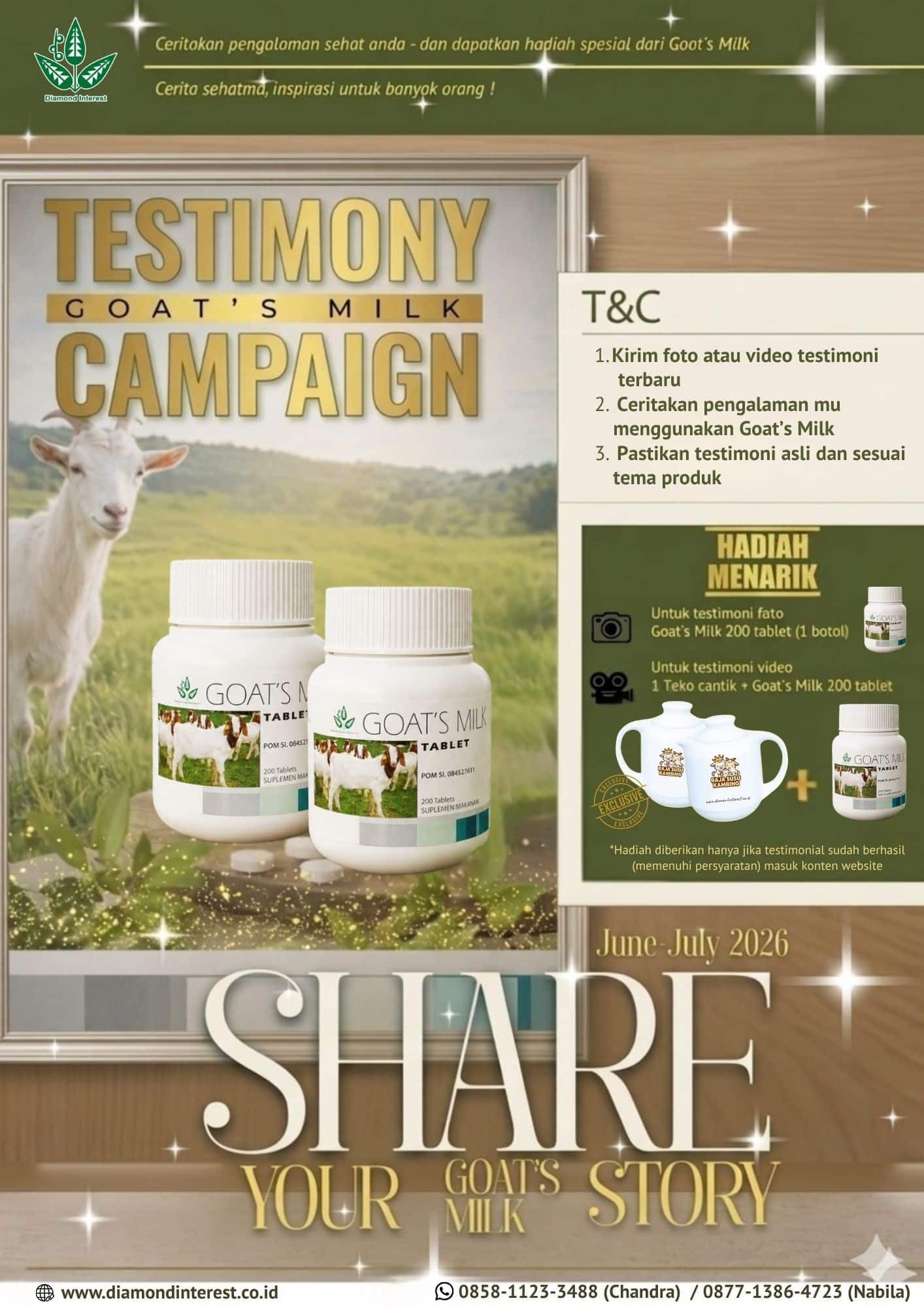 Flyer Goat's Milk Testimony Campaign 2026 dengan hadiah Goat's Milk 200 Tablet dan Teko Cantik untuk peserta testimoni foto dan video